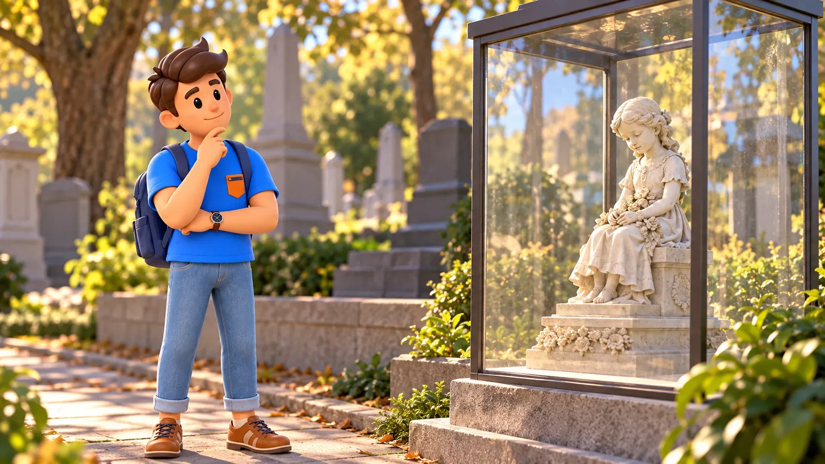 Viajero ante un monumento infantil ilustrado protegido por cristal