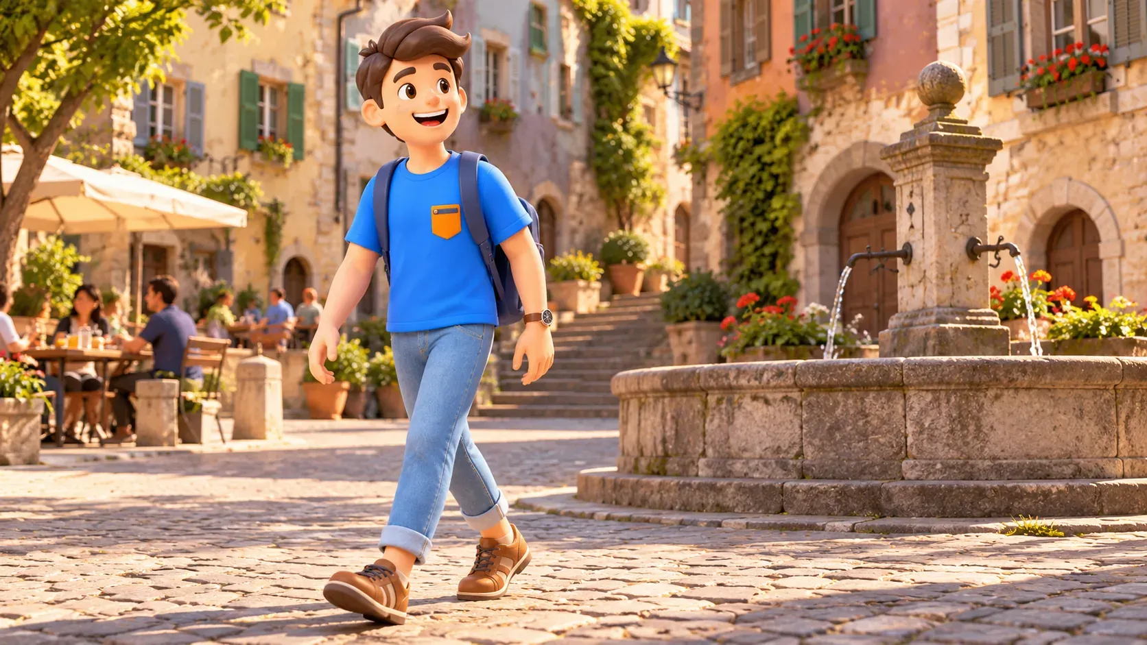 The character walking across an old city square with a fountain