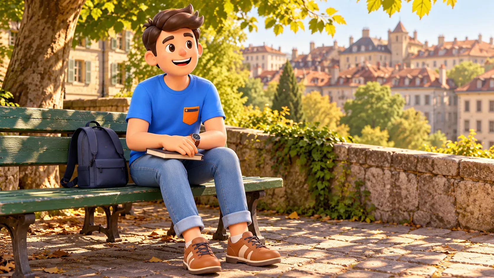 A traveller with a notebook resting on a bench above green space