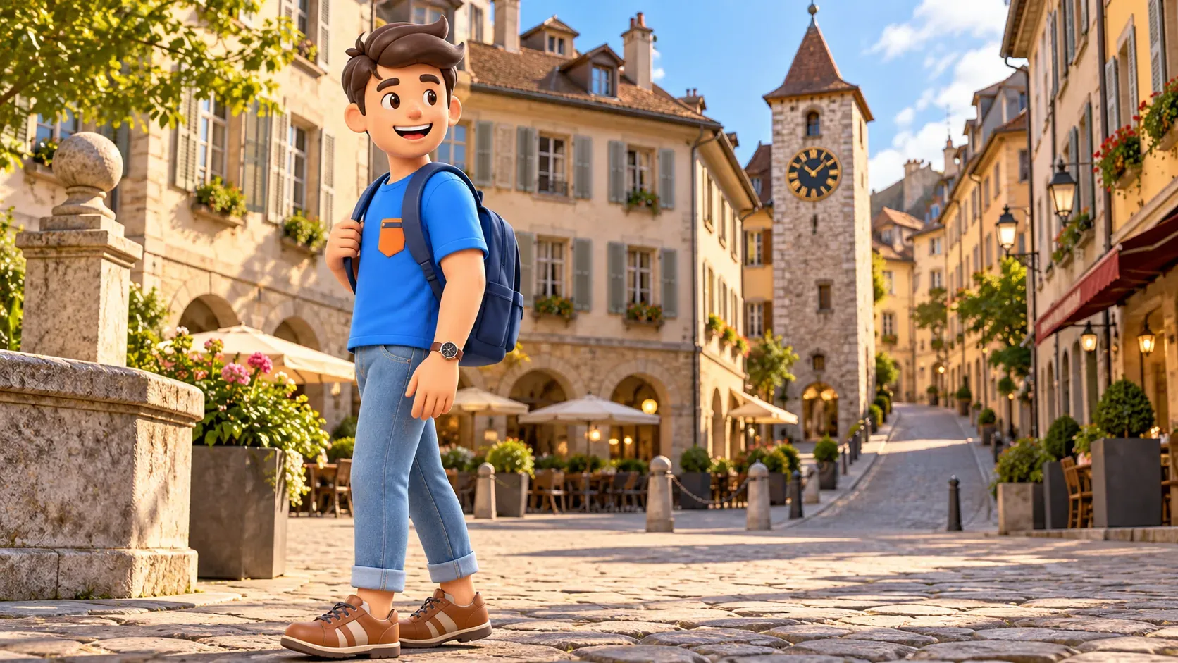 The character beside a stone tower on a lower-town square