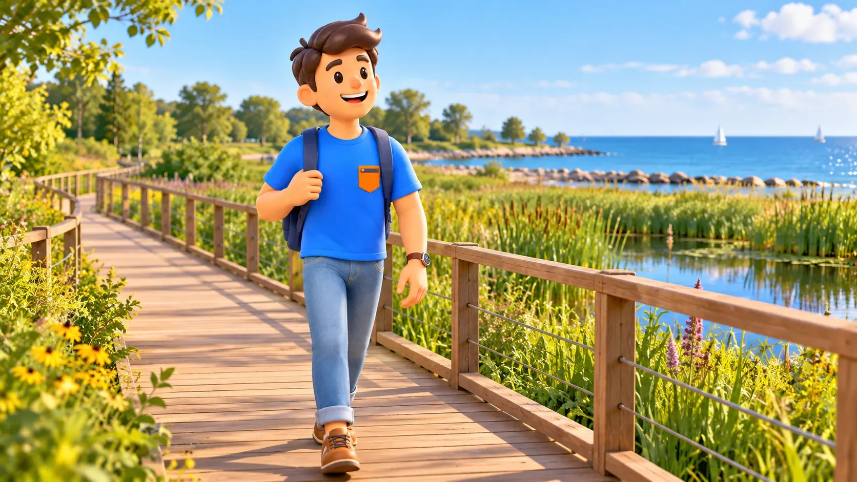 Voyageur sur un platelage parmi les herbes au bord du lac, illustration