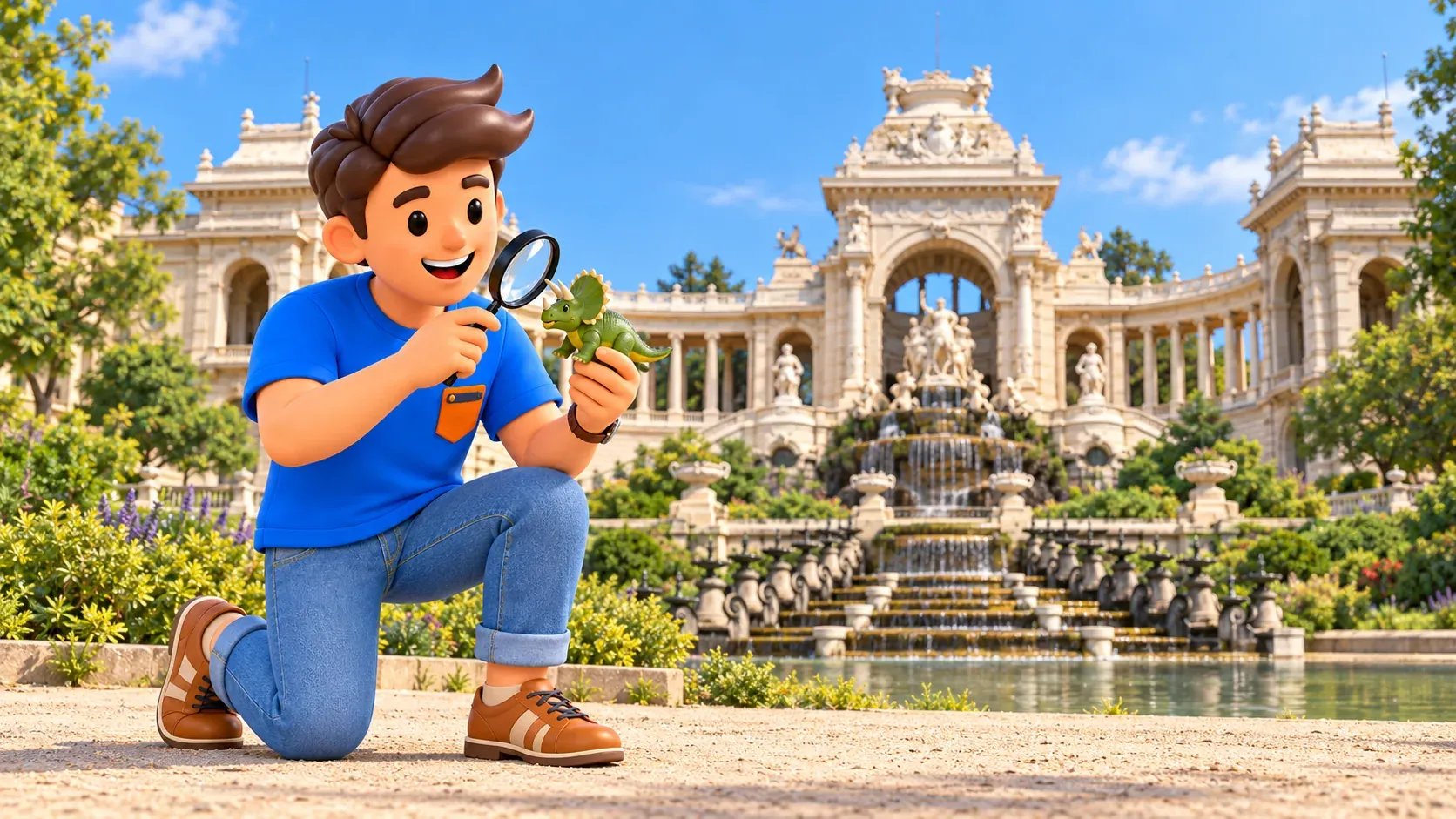 Illustrierter Reisender auf einem Knie betrachtet einen Spielzeugtriceratops mit Lupe vor dem nach Foto gestalteten Longchamp