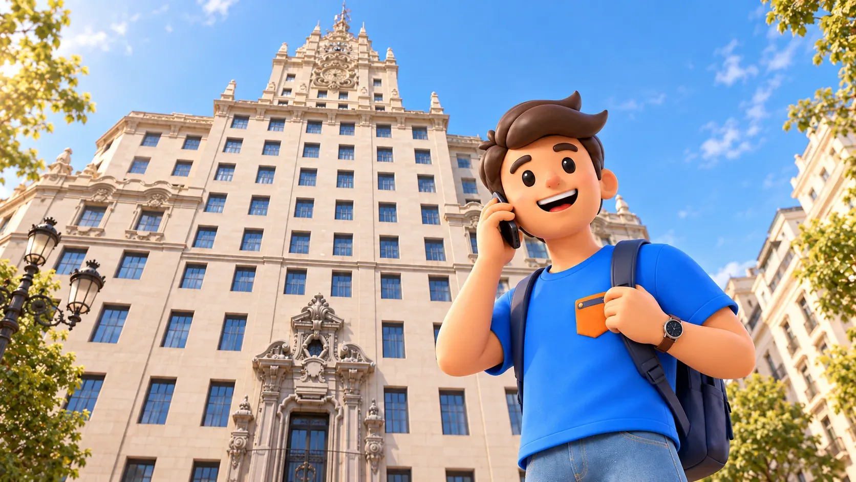 Illustration of a traveller on the phone outside Telefónica on Gran Vía