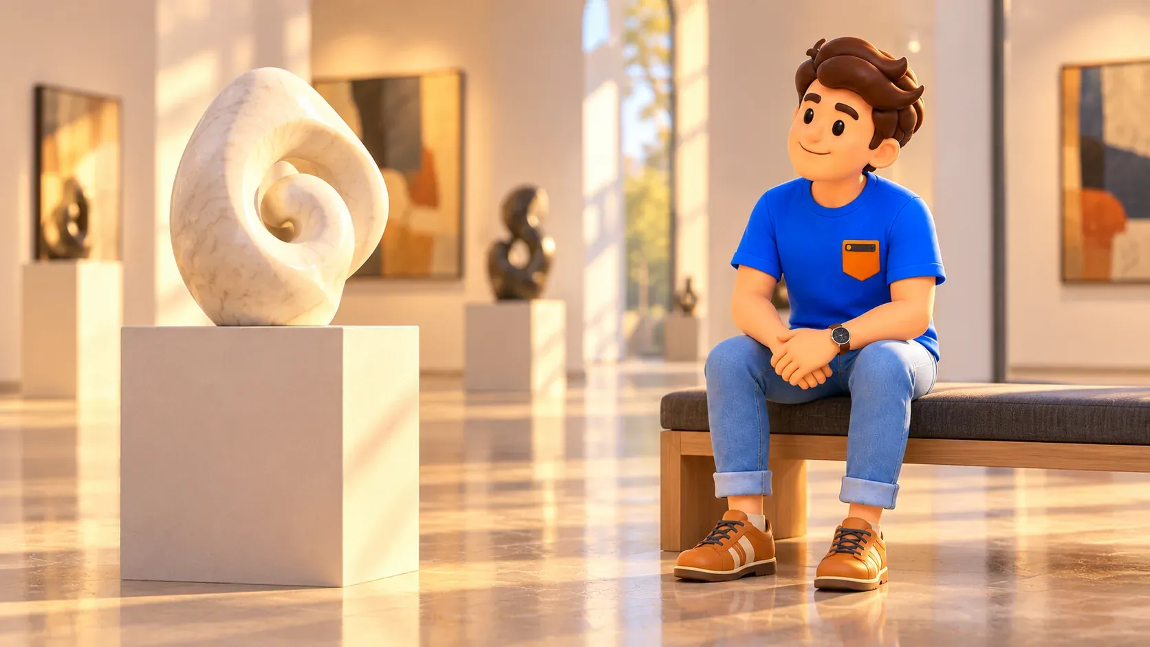 Illustration of a traveller observing an invented abstract sculpture in a museum