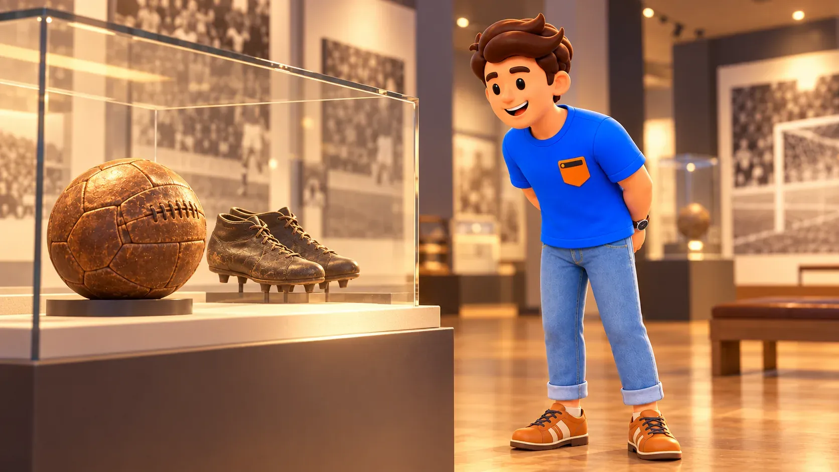 Illustration of a traveller viewing an old ball and boots in an imagined football display
