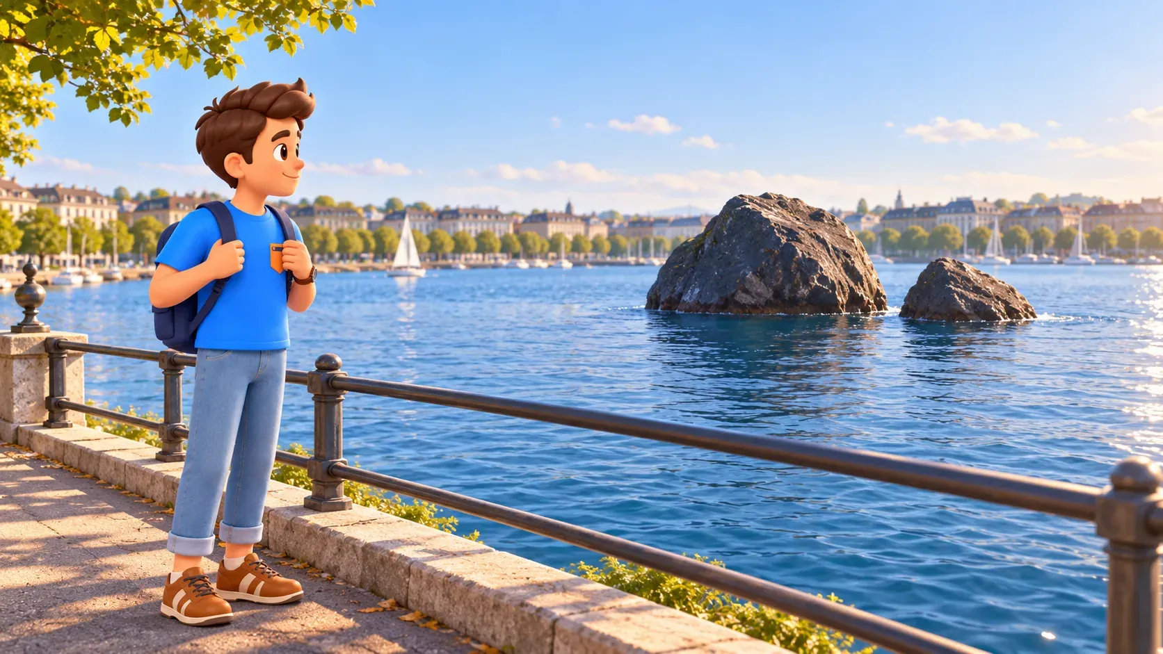 The character viewing two boulders in the water from the shore