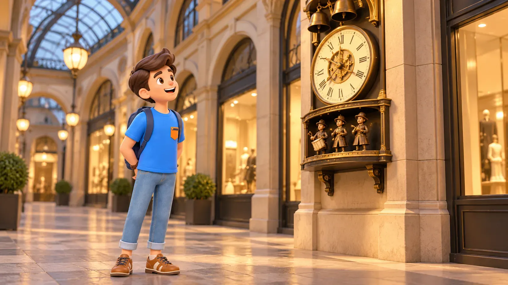 A traveller looking at a clock with figures in a covered passage