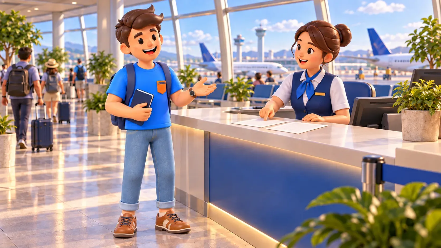 Traveller asks an airline clerk about fare conditions