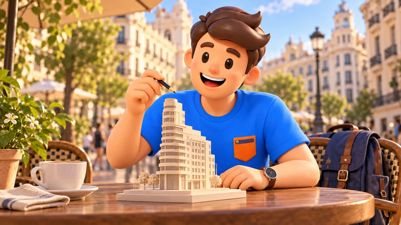 Illustration of a traveller studying a Capitol-shaped architectural model based on a historic photograph
