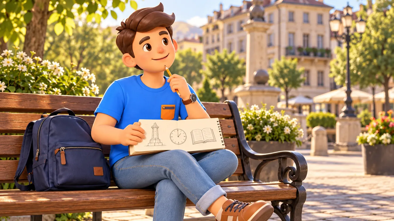 The character with a pencil and open notebook resting on a bench