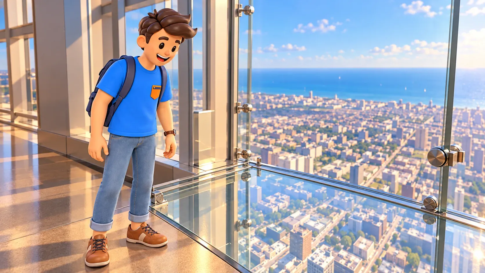 Traveller beside an artistic glass balcony above the city