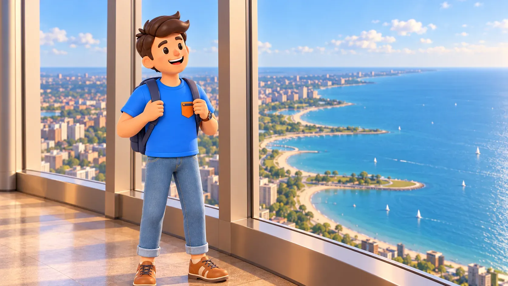 Traveller viewing a stylised lakeshore through panoramic windows