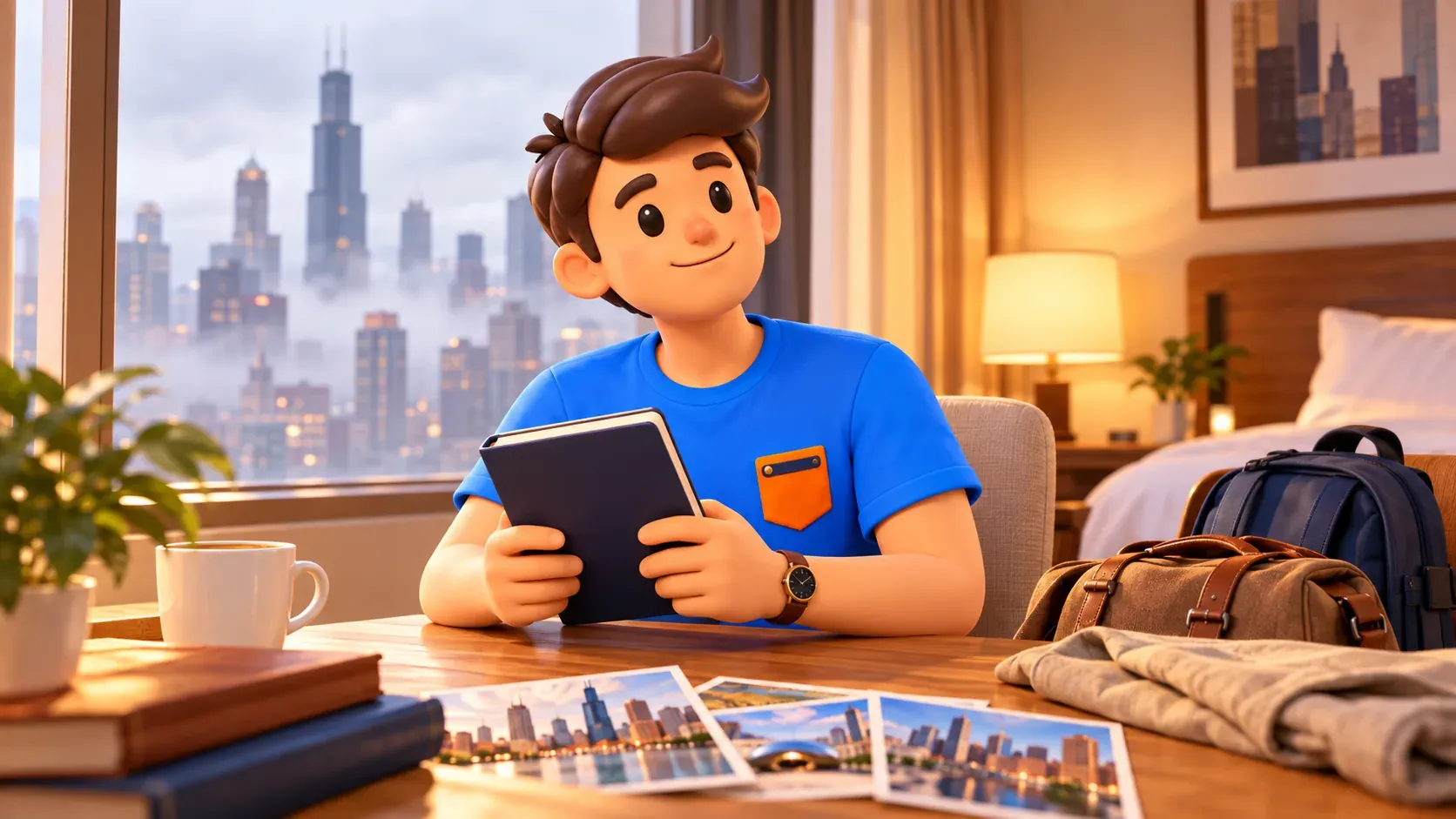 Traveller planning the day in a hotel beside a cloudy city window