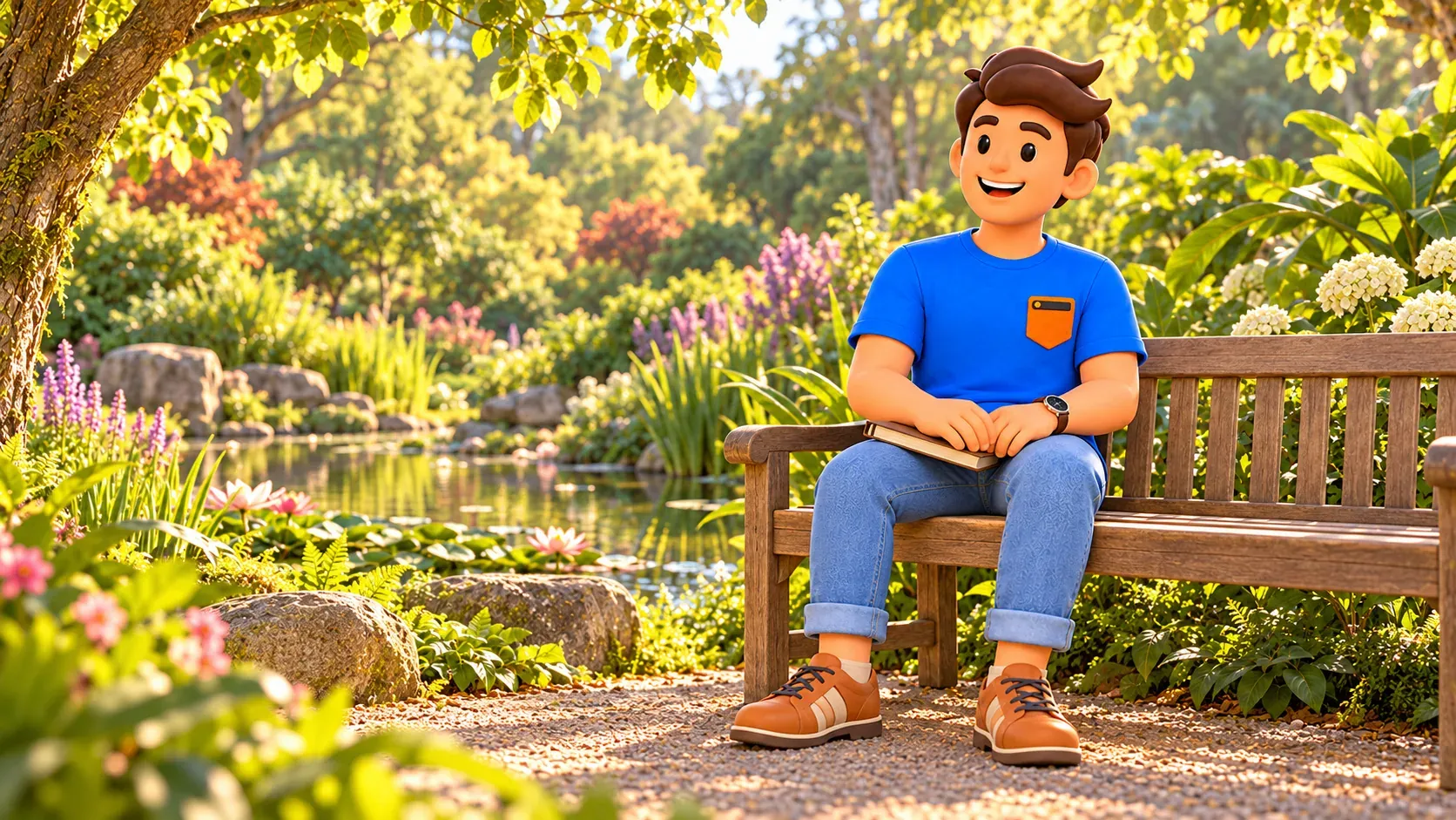 Illustration of a traveller resting on a bench beside water in an imagined botanical garden