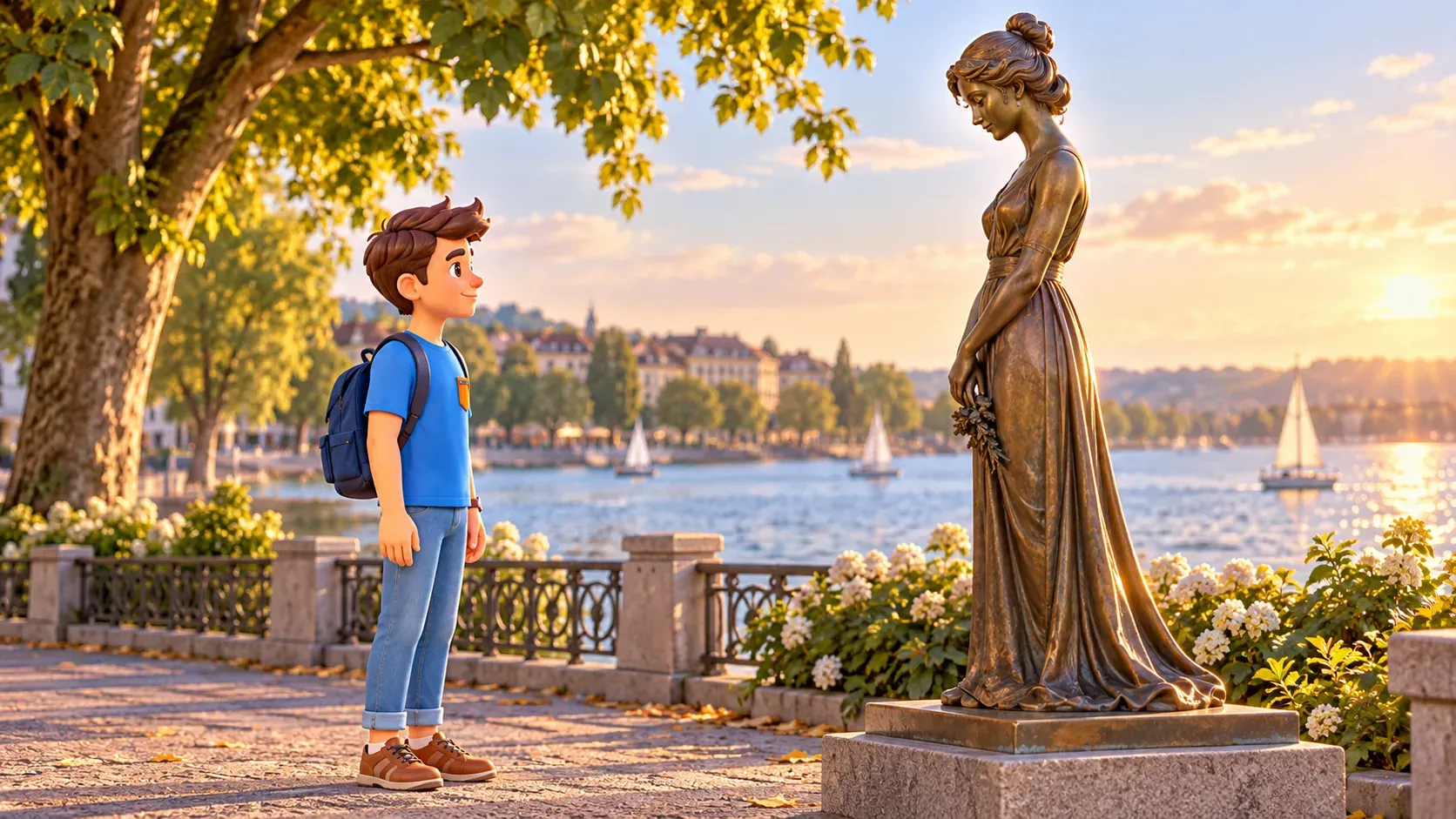 El personaje observa una figura femenina de bronce junto al agua