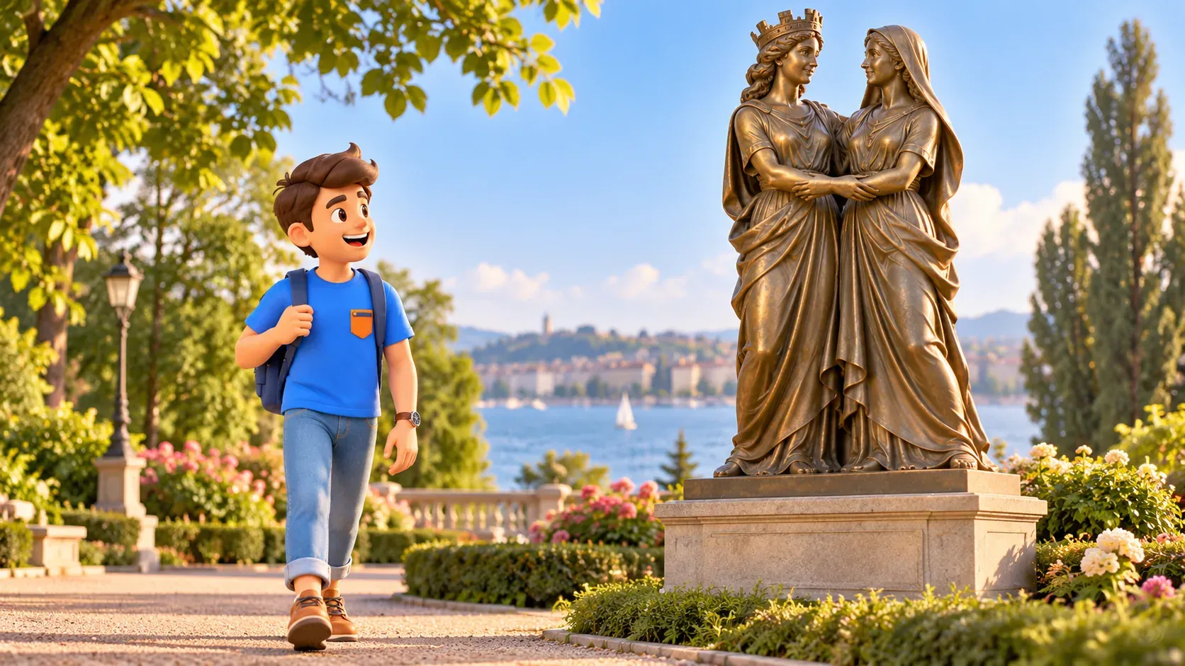 Un viajero pasa junto a un monumento con dos figuras femeninas