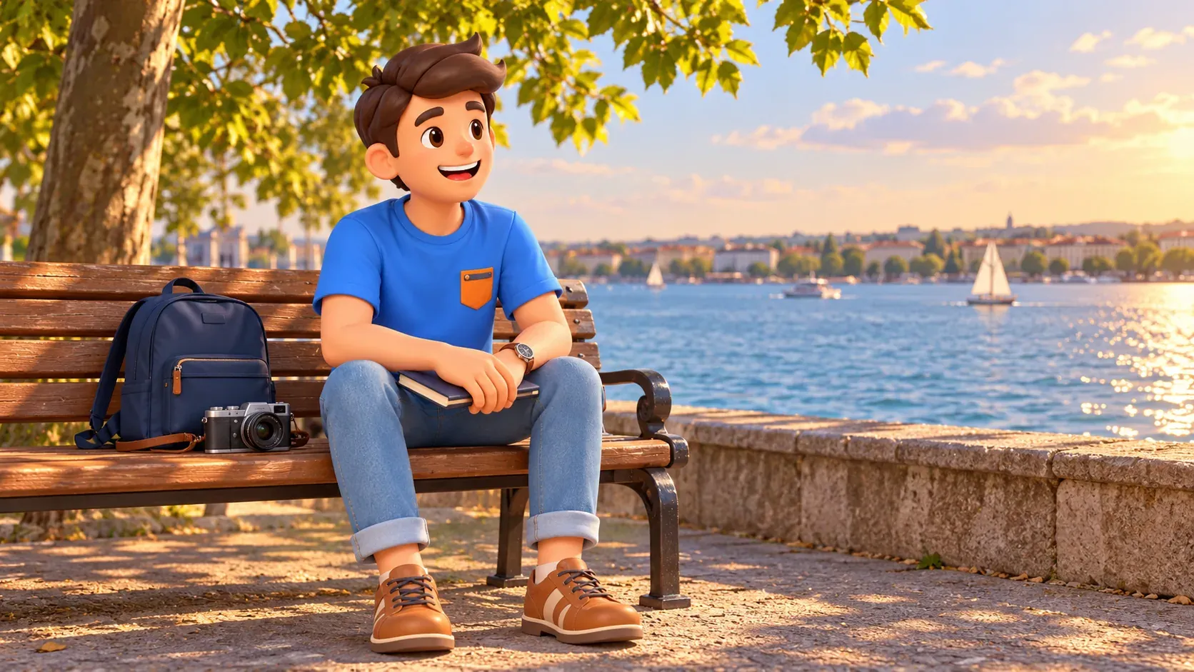 El personaje descansa con un cuaderno en un banco junto a la rada