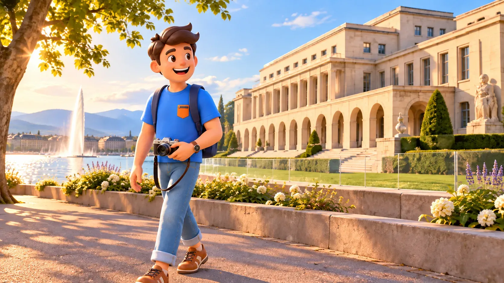 Le personnage avec un appareil photo marche près d’un bâtiment institutionnel