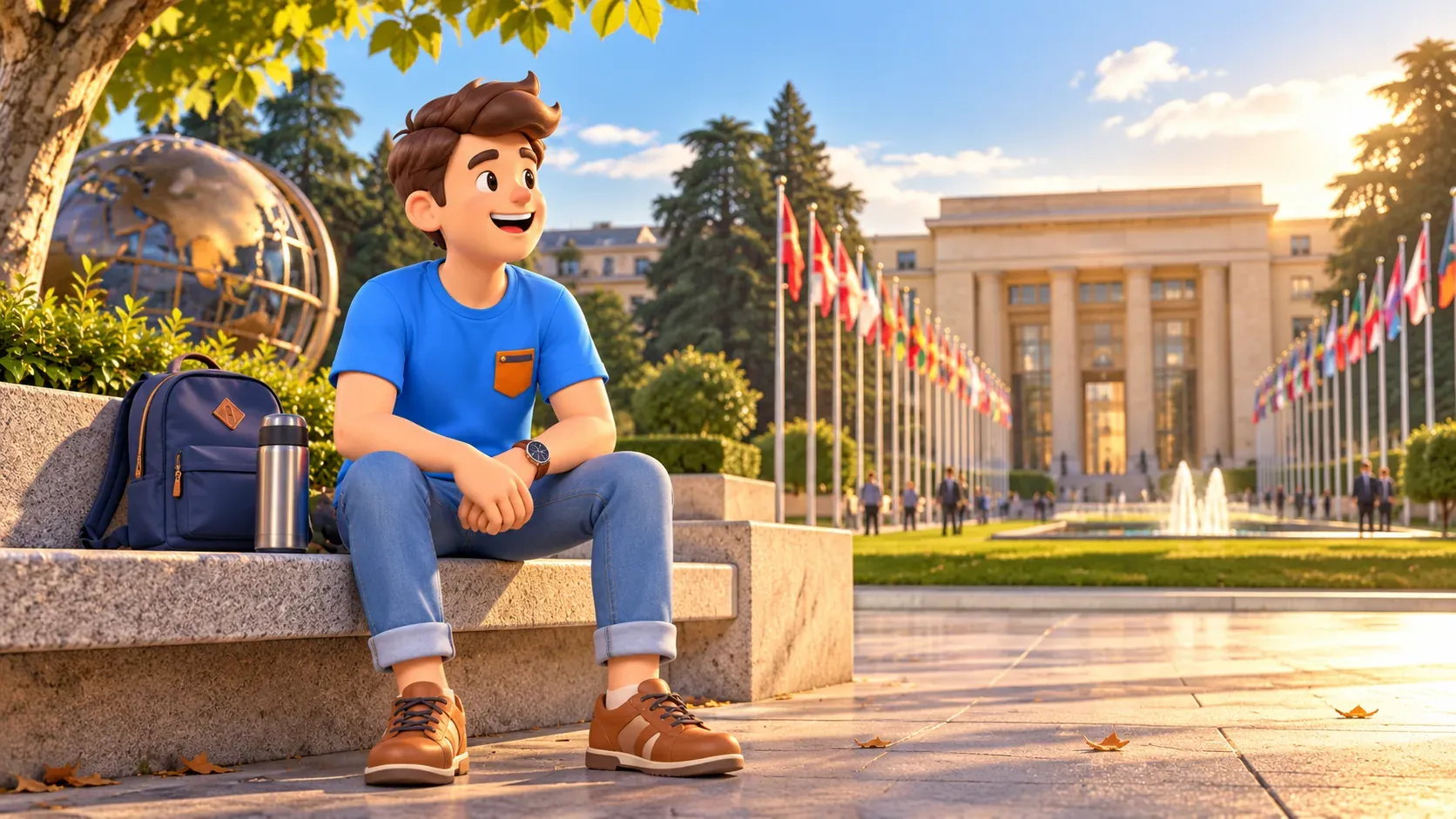 Le personnage se repose sur un banc devant un bâtiment et des drapeaux