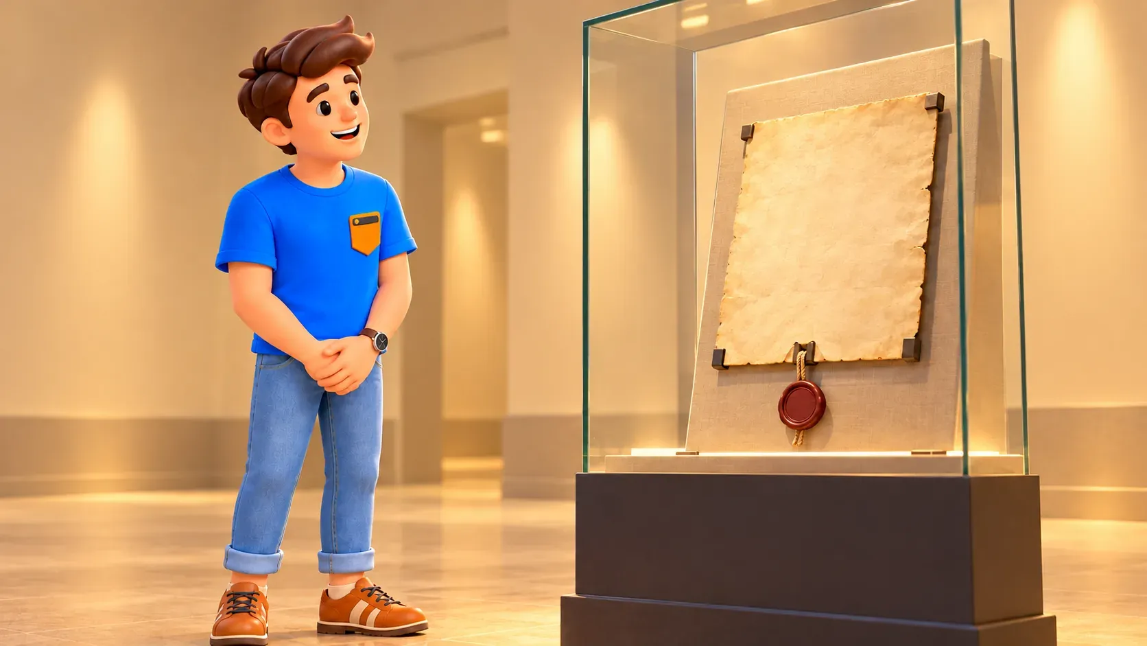 Illustration eines Reisenden an einer beispielhaften Vitrine mit erfundener Urkunde und Siegel