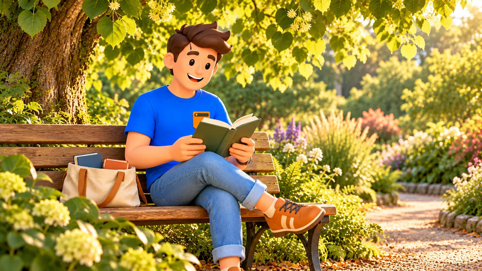Illustration eines Reisenden beim Lesen unter einer Linde in einem beispielhaften Garten