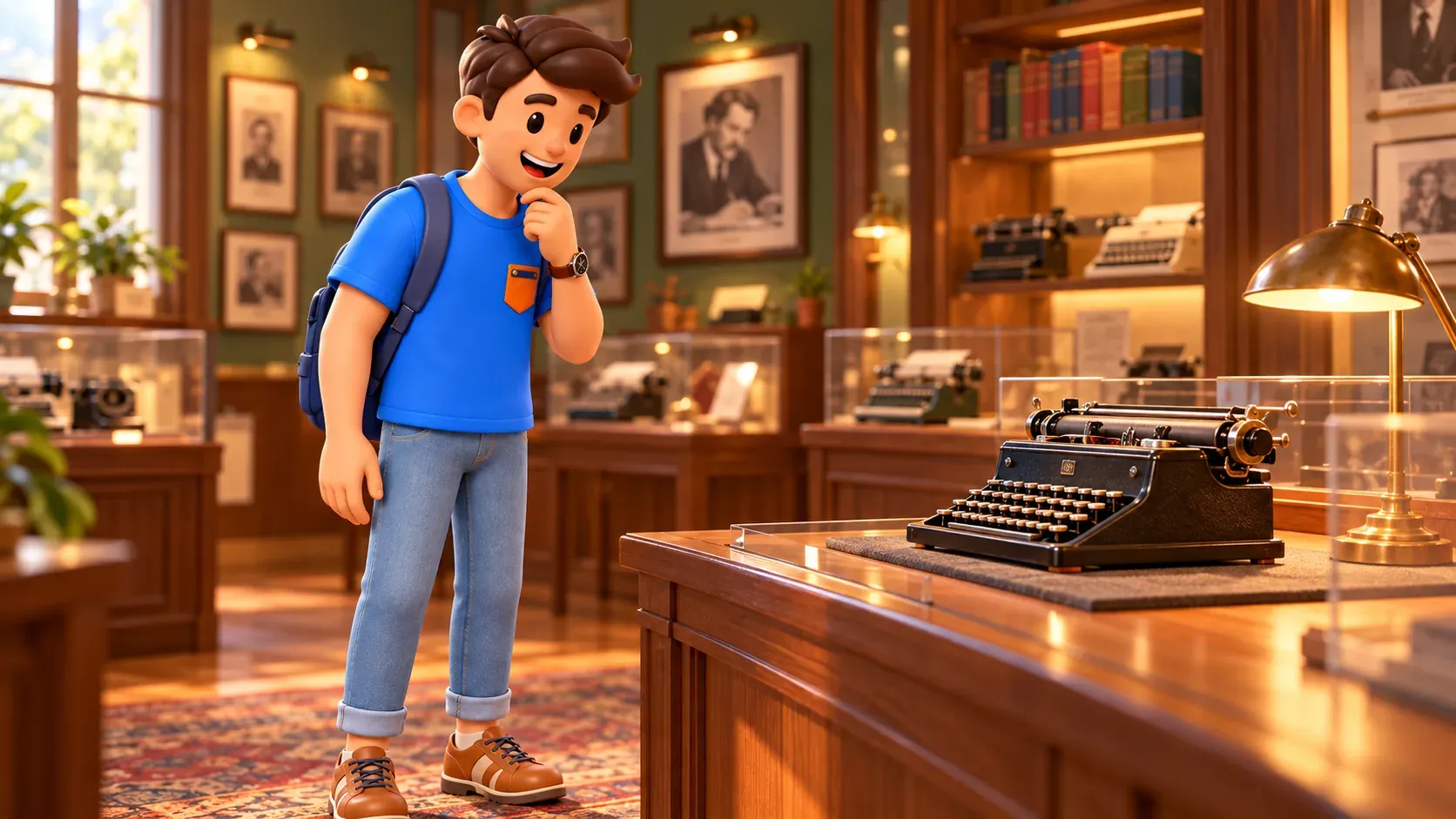 Viajero contemplando una máquina de escribir en un museo ilustrado