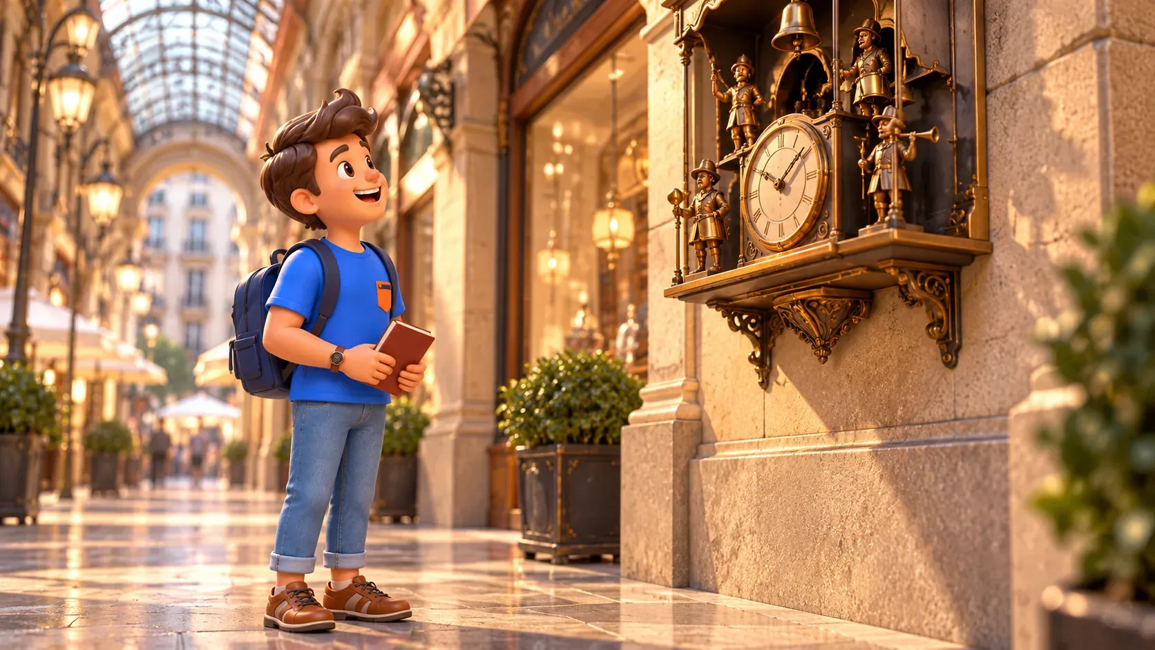 A traveller looking at a clock with figures in a covered passage