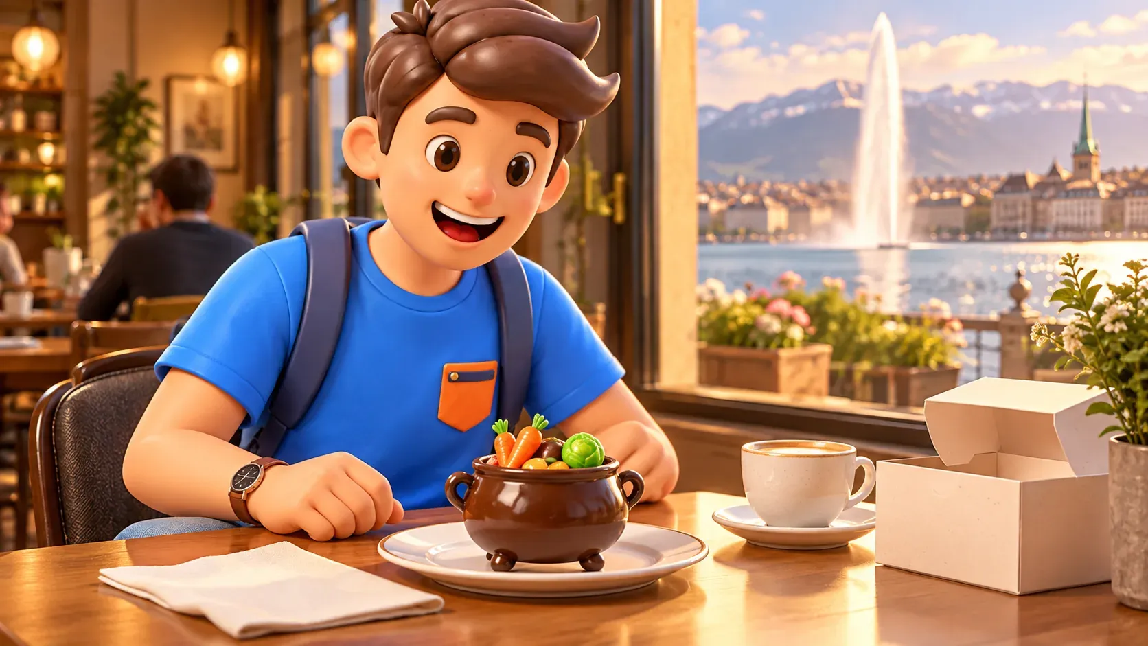 The character viewing a chocolate cauldron with miniature vegetables