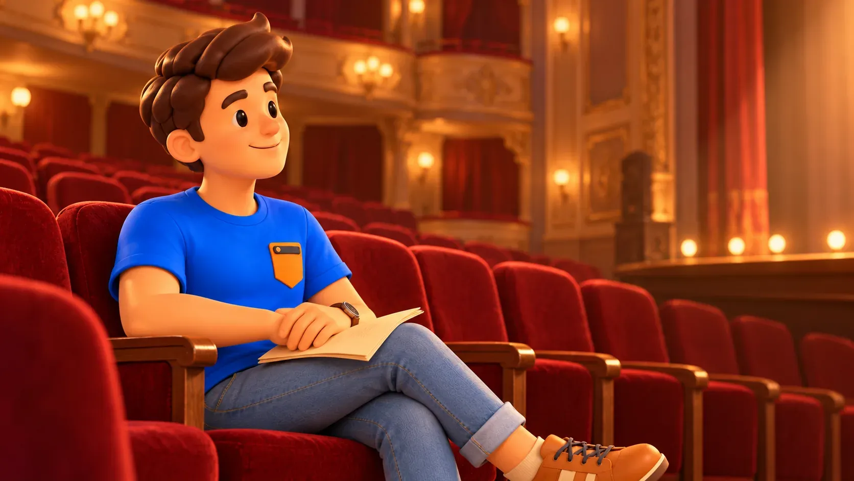 Illustration d’un voyageur avec programme dans une salle de théâtre imaginaire