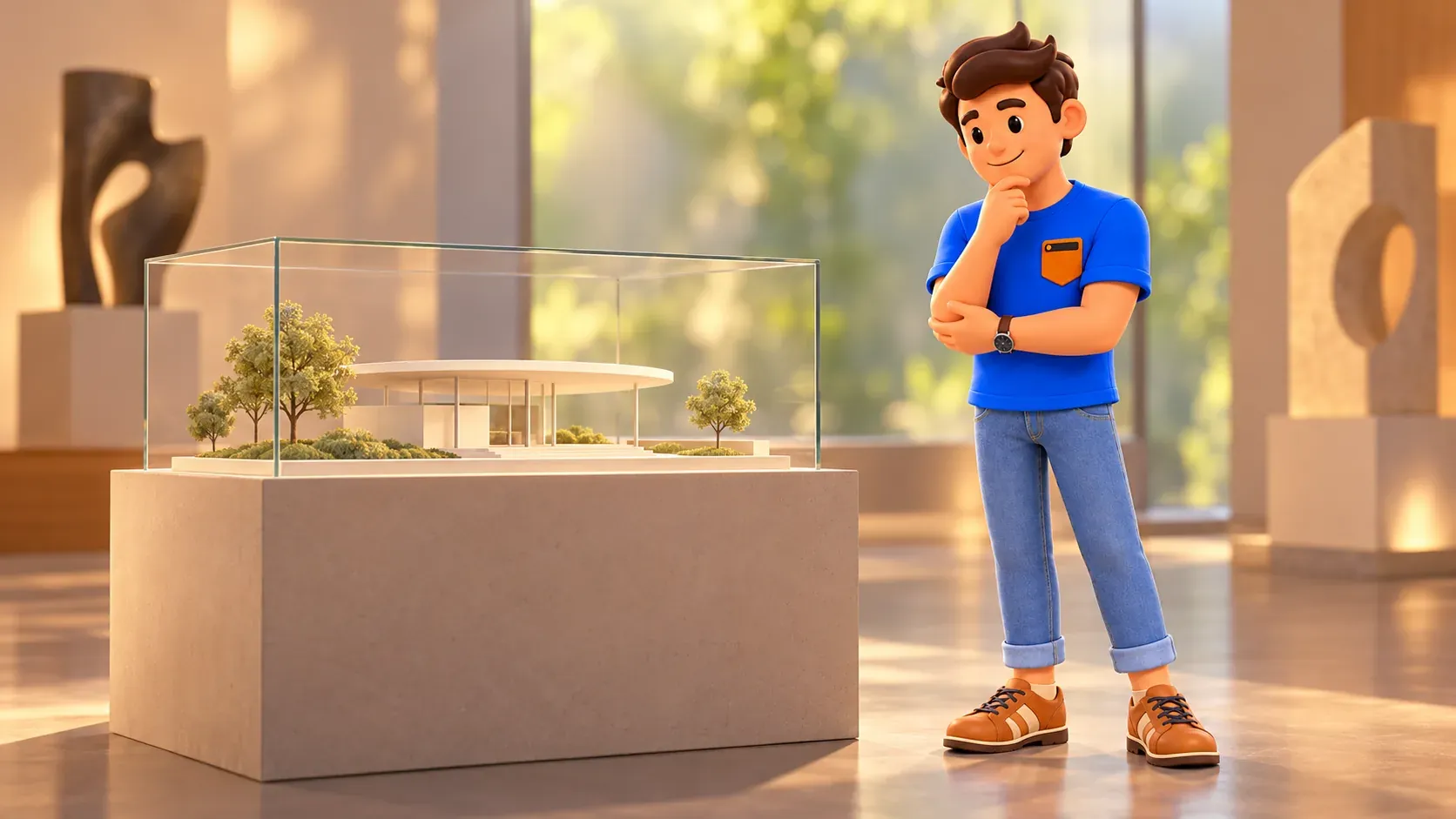 Illustration d’un voyageur devant une maquette de pavillon inventée dans une exposition imaginaire