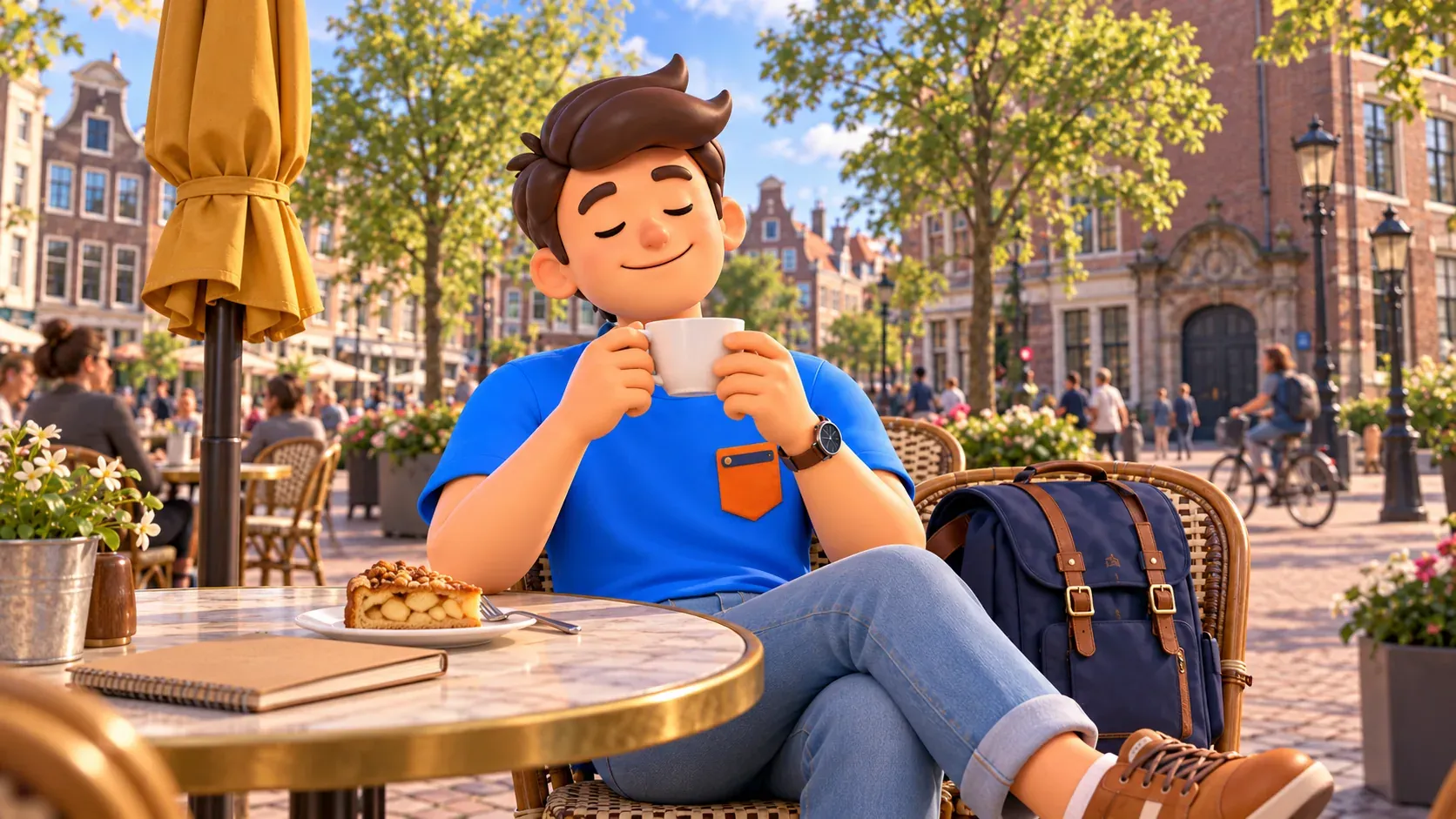 Thematische Illustration eines Reisenden mit Tasse in einem erfundenen Café auf öffentlichem Platz außerhalb des Begijnhofs