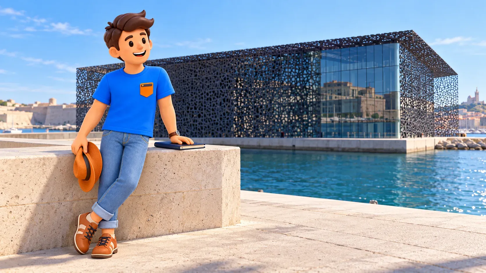 Voyageur illustré avec chapeau près d’un muret imaginaire devant le J4 sombre du Mucem recréé d’après photo