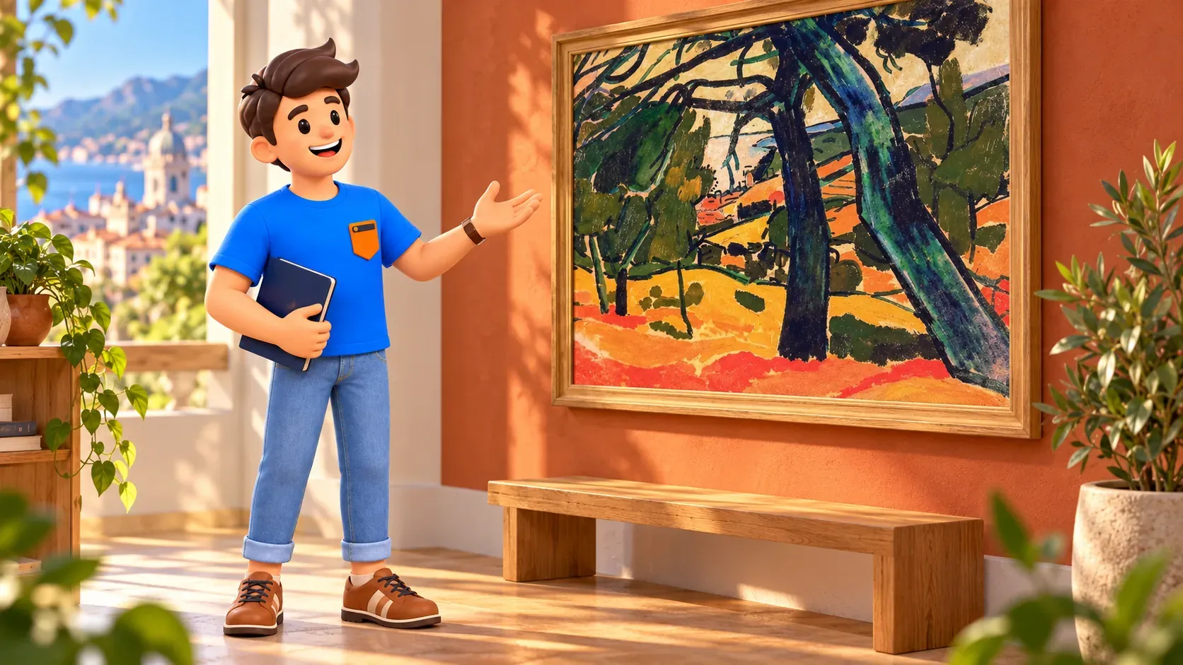 Voyageur illustré dans un coin d’art imaginaire présentant une recréation de Pinède à Cassis de Derain