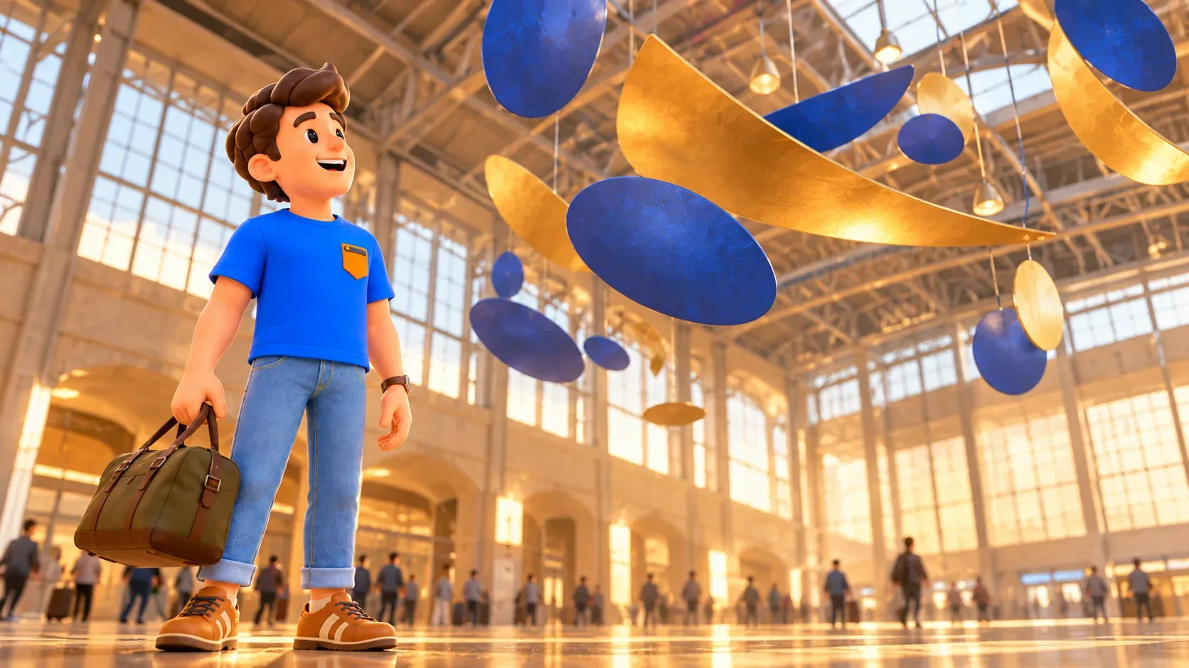 Illustration of a traveller viewing an invented blue-and-gold mobile in an imagined station hall