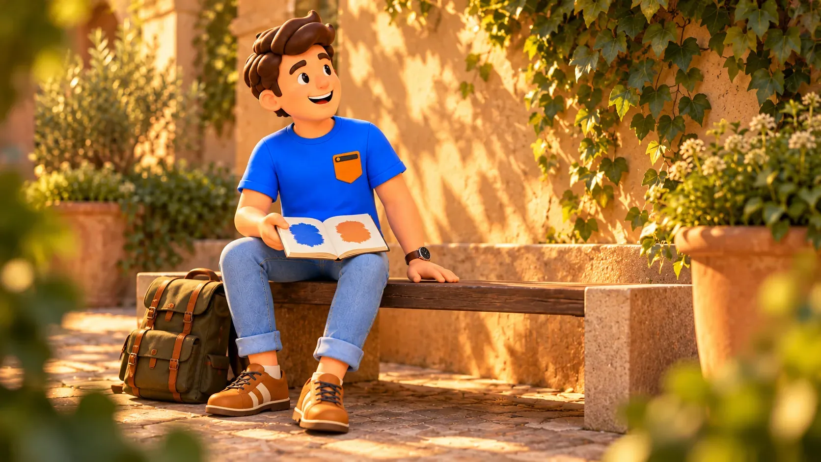 Illustration of a traveller with colour swatches in a notebook in an imagined courtyard