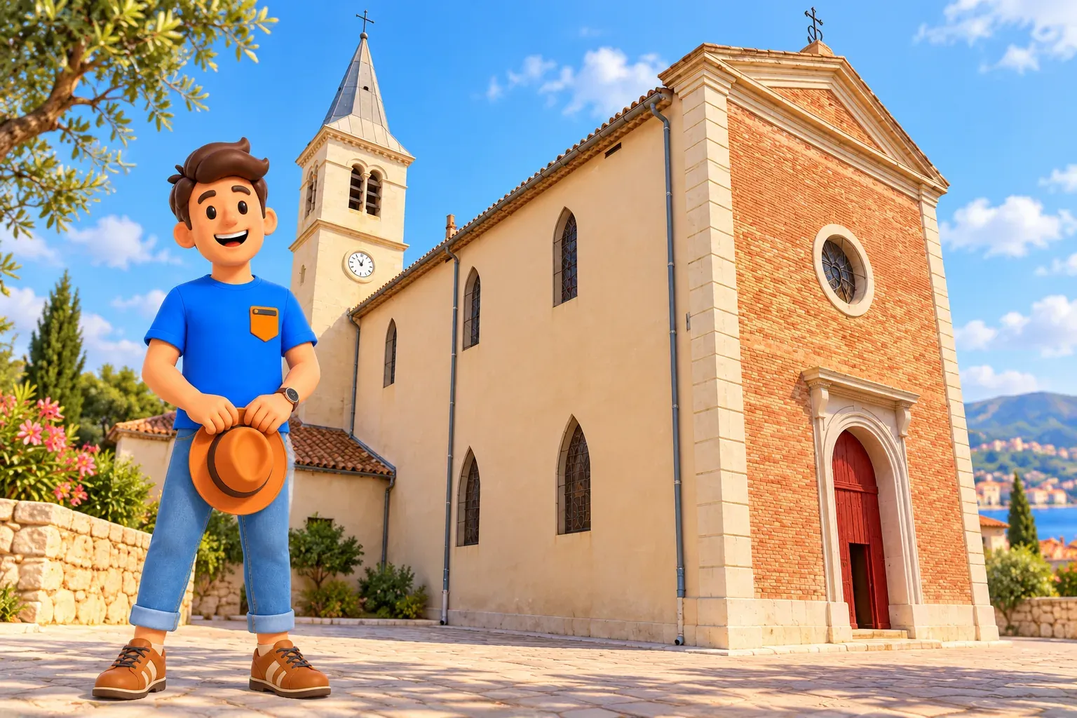 Illustrierter Reisender hält einen Hut vor der nach Foto gestalteten Kirche Saint-Pierre-ès-Liens in L’Estaque mit fiktivem Vordergrund