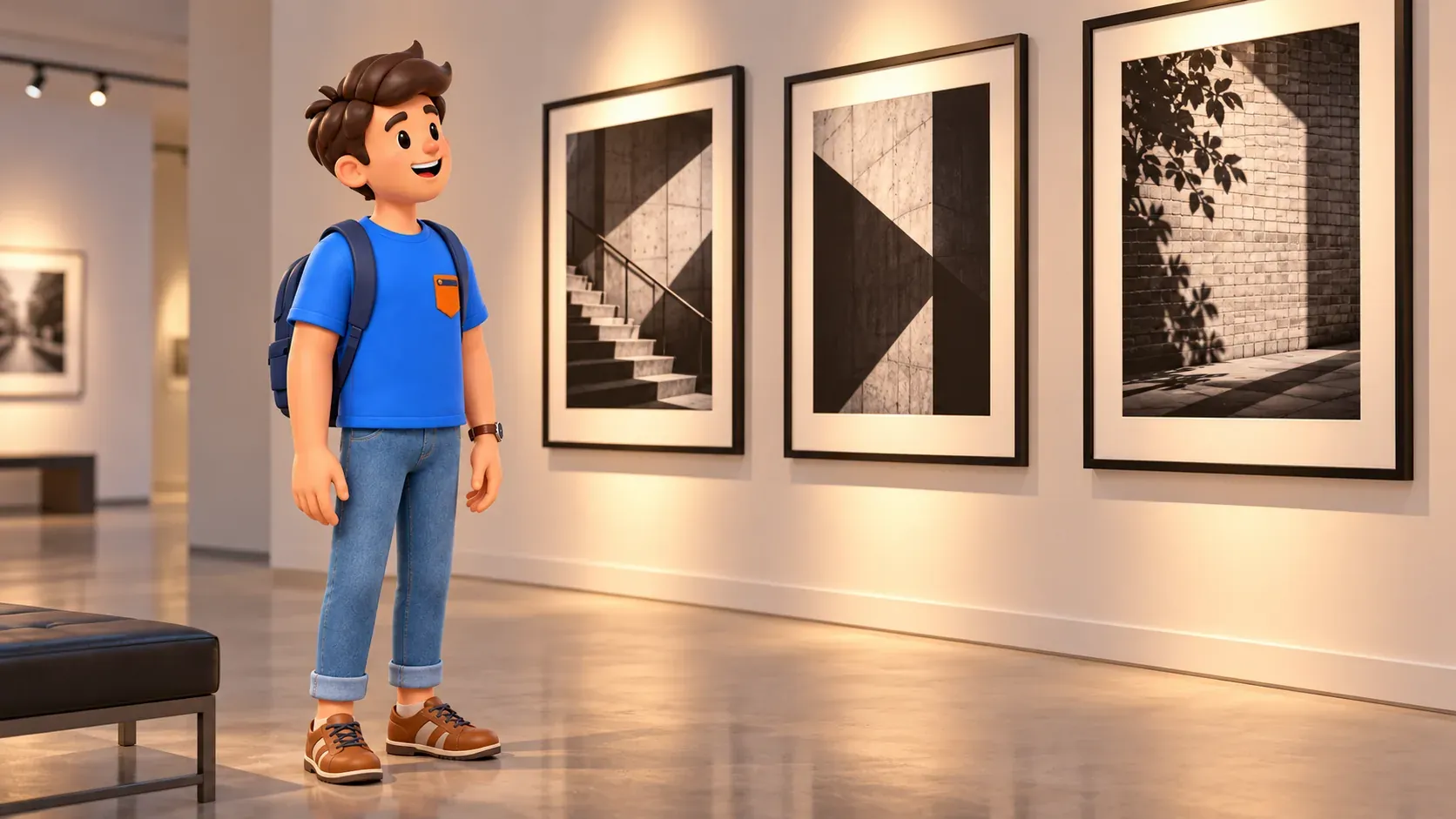 Viajero observando fotografías en blanco y negro en una galería