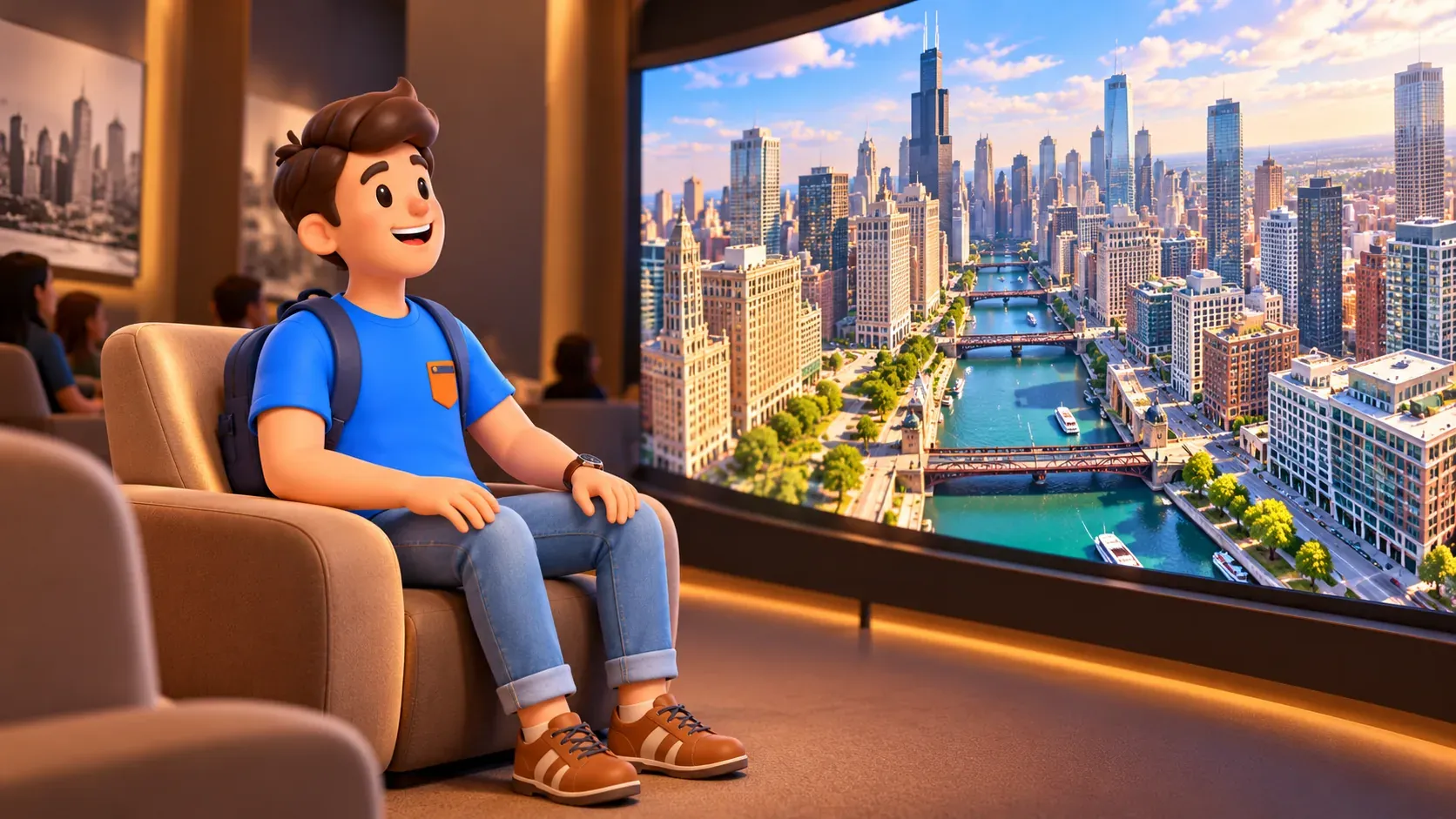 Viajero en un asiento fijo ante una pantalla con panorama urbano ilustrado