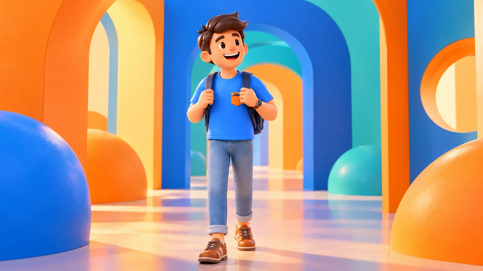 Viajero en un espacio artístico con arcos de colores