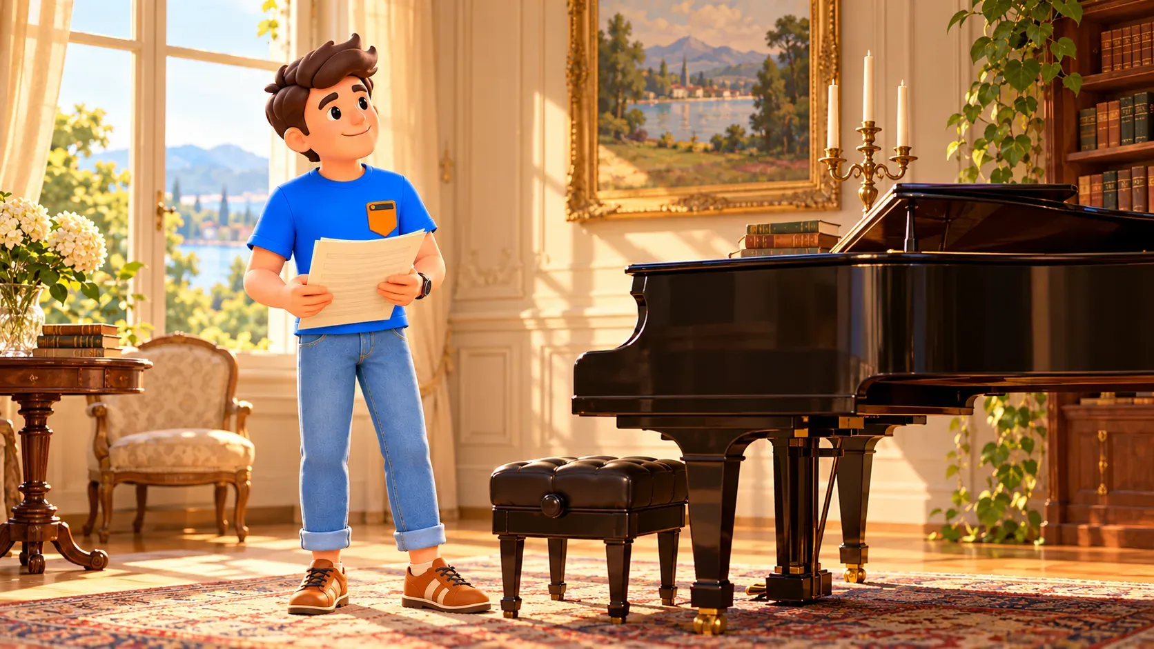Illustration of a traveller beside a piano in an imagined music room, not a reconstruction of Wagner’s study