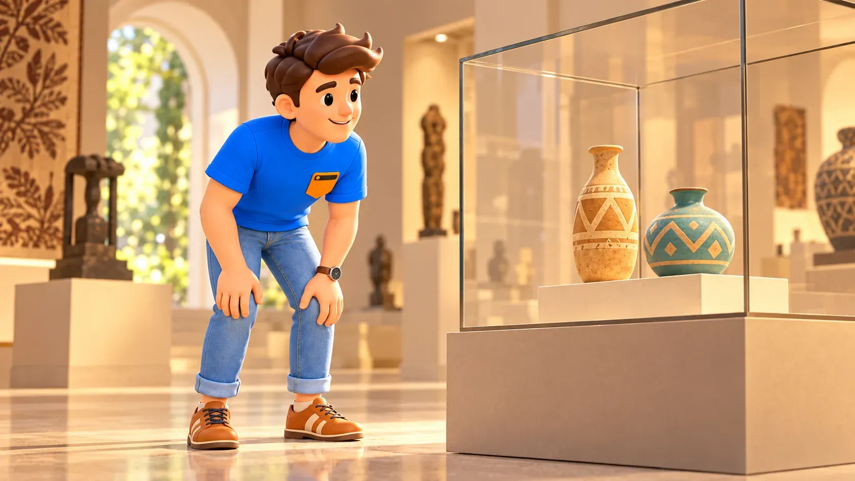 Illustration of a traveller studying invented ceramic vessels in an imagined museum gallery