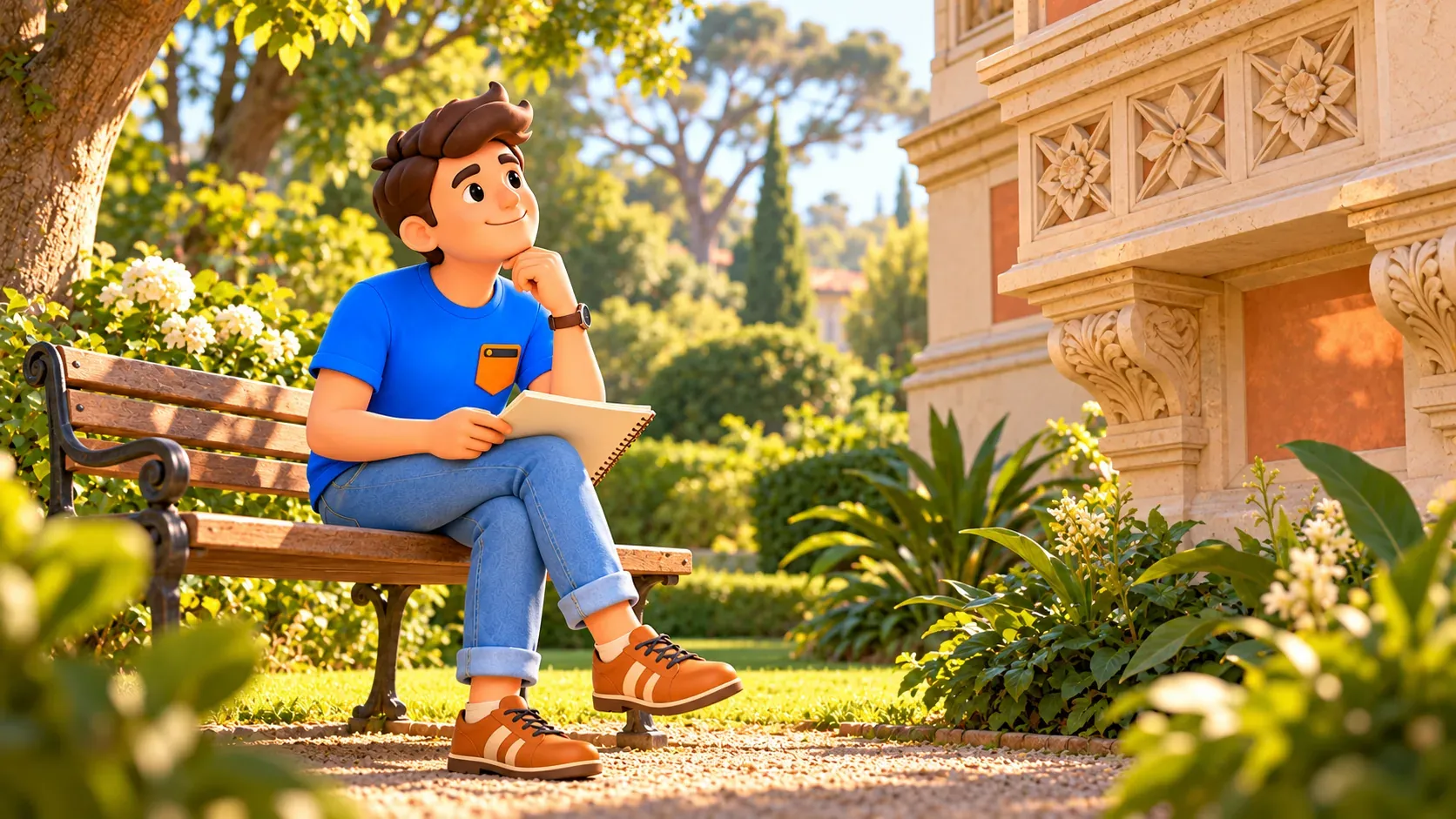 Illustration of a traveller with a notebook observing an imagined villa’s decoration from a garden bench