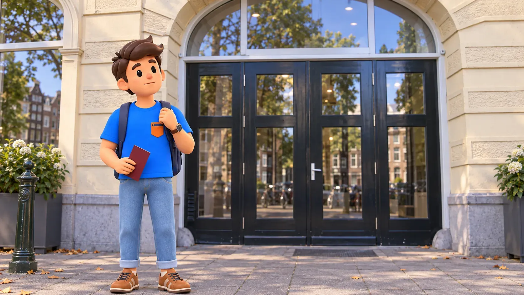Illustration d’un voyageur avec une brochure fermée devant l’entrée voûtée du musée de la Résistance