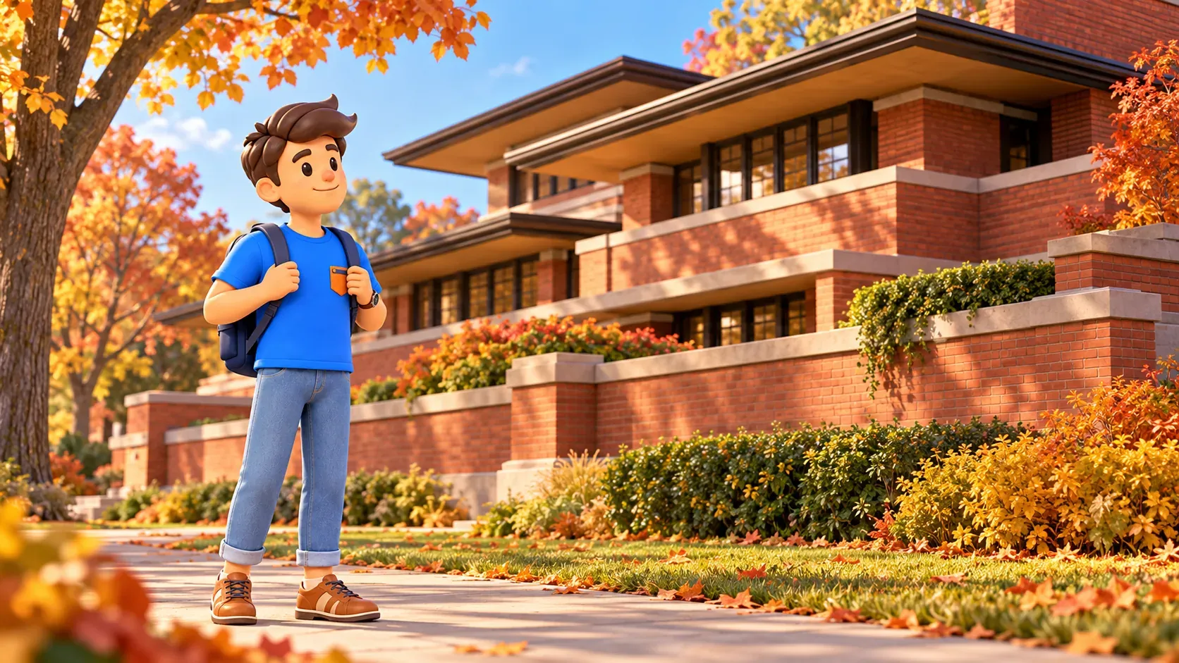 Traveller beside a stylised brick Prairie-style house