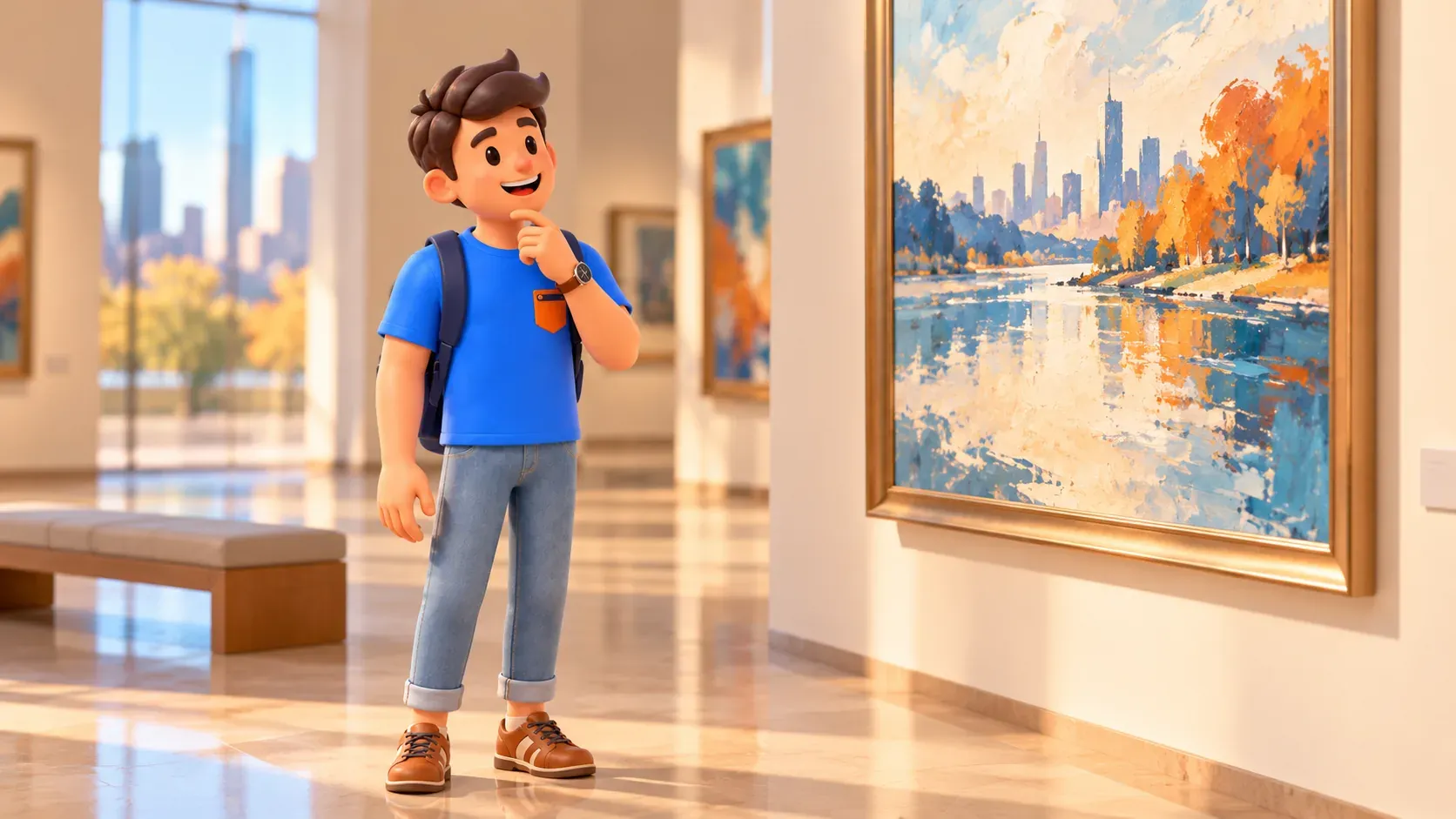 Voyageur observant un tableau de paysage dans une galerie