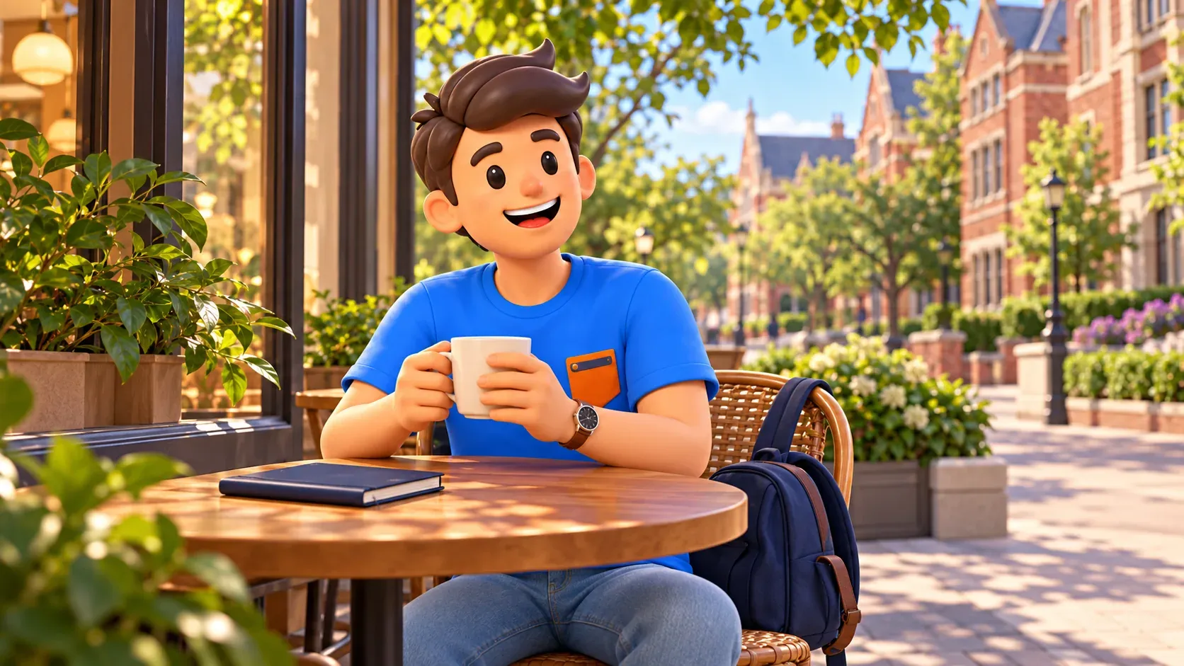Voyageur avec une tasse pendant une pause dans un quartier verdoyant