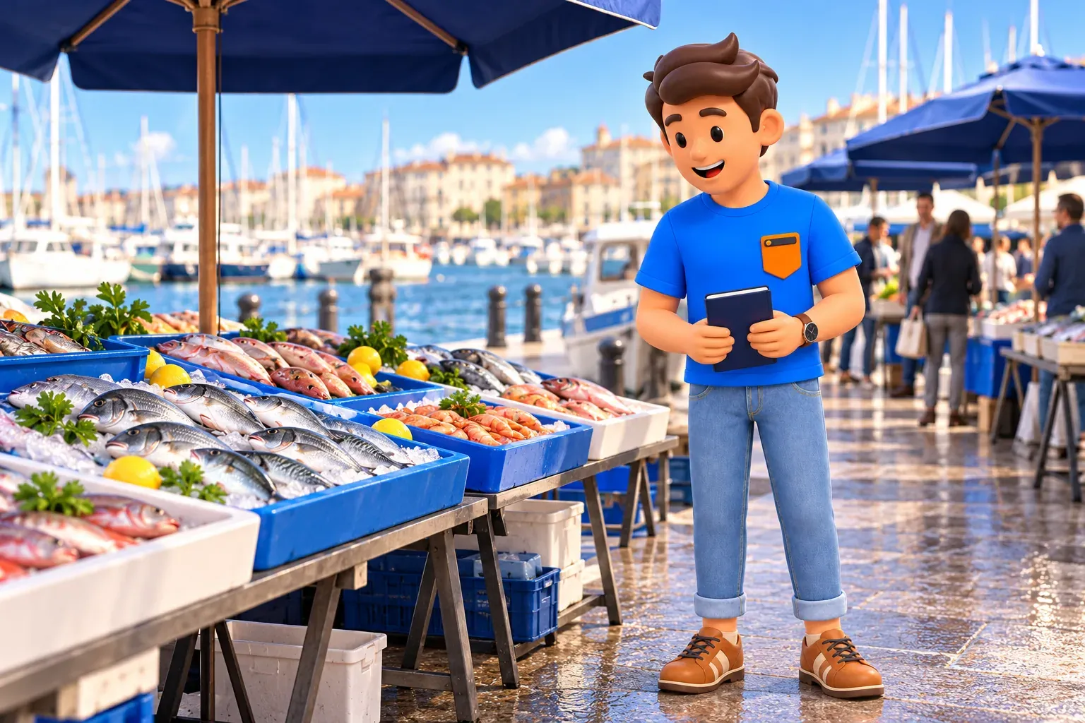 Viajero ilustrado con cuaderno cerrado observa puestos de pescado del Puerto Viejo recreados a partir de foto, con disposición ilustrativa