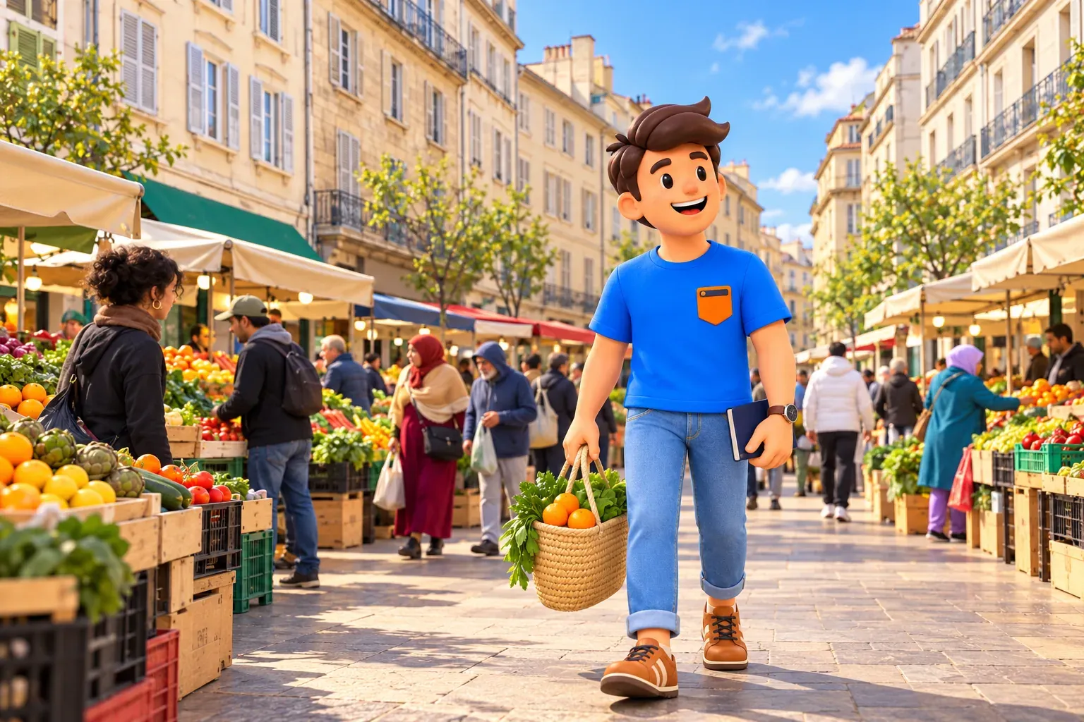 Viajero ilustrado con bolsa de frutas y verduras camina por el mercado exterior de Capucins recreado a partir de foto, entre fachadas claras con contraventanas