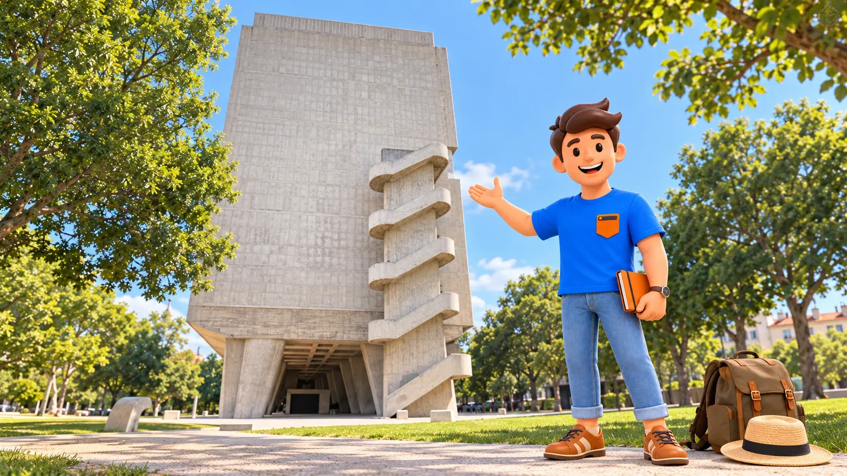 Voyageur illustré avec carnet orange montrant la façade d’extrémité et l’escalier extérieur de la Cité Radieuse recréés d’après photo, premier plan composé