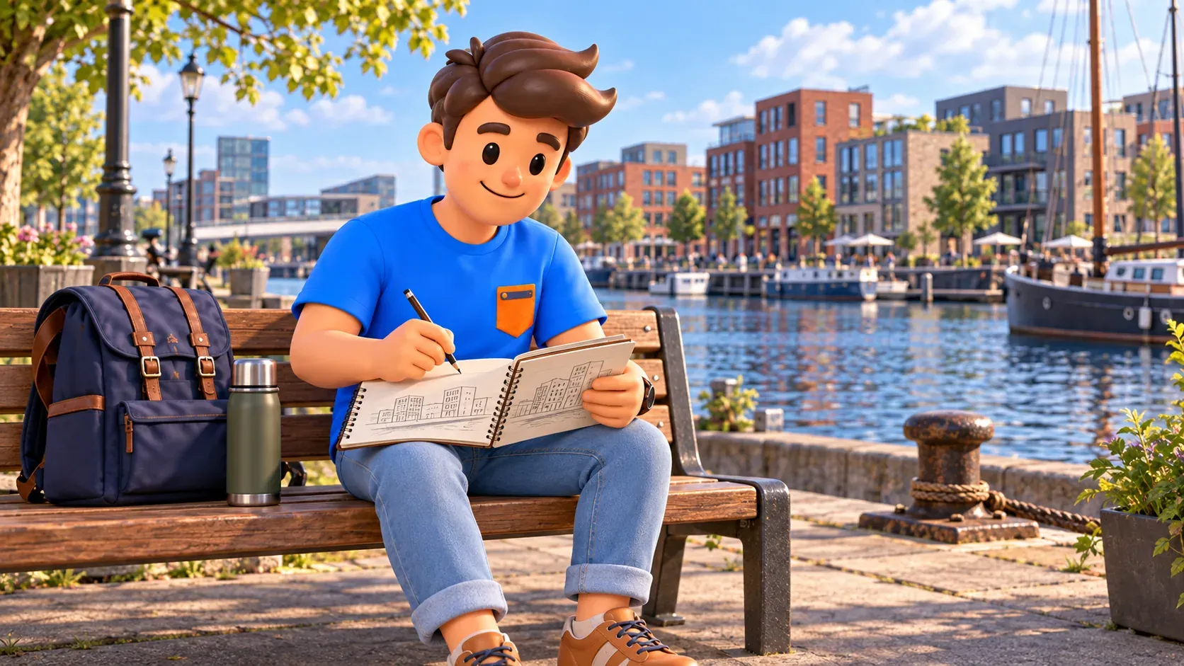Thematic illustration of a traveller sketching façades on an imagined contemporary Amsterdam quay
